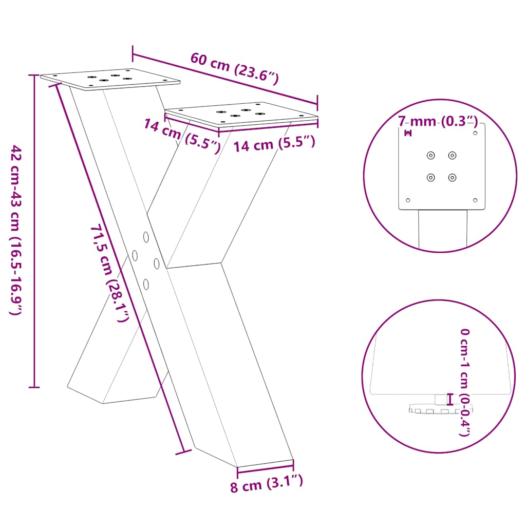 vidaXL Couchtischbeine X-Form 2 Stk. Naturstahl 60x(42-43) cm Stahl