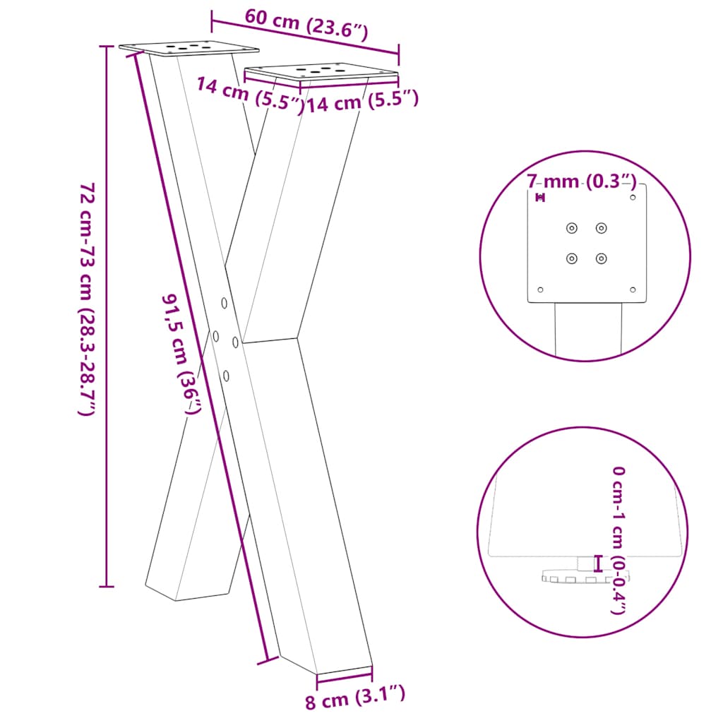 vidaXL Esstischbeine X-Form 2 Stk. Weiß 60x(72-73) cm Stahl