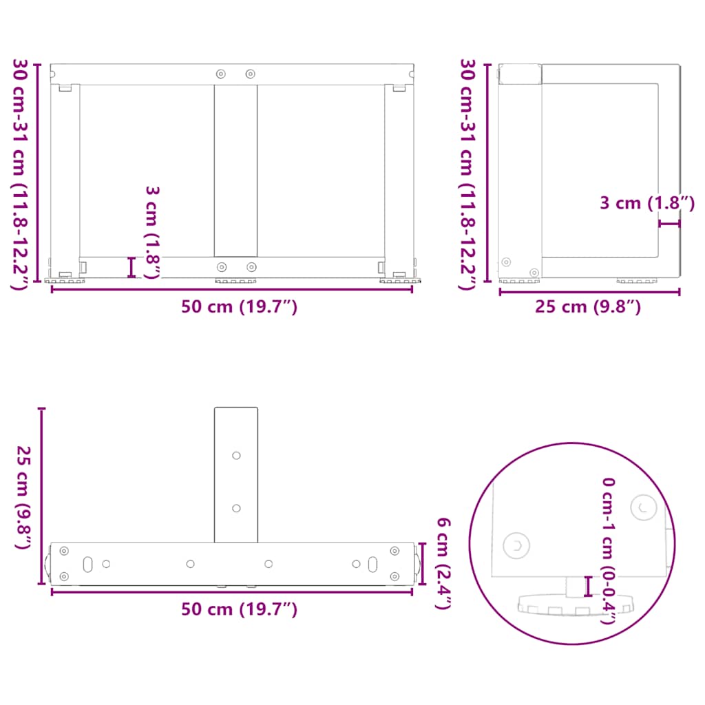 vidaXL Couchtischbeine T-Form 2 Stk. Schwarz 50x25x(30-31) cm Stahl