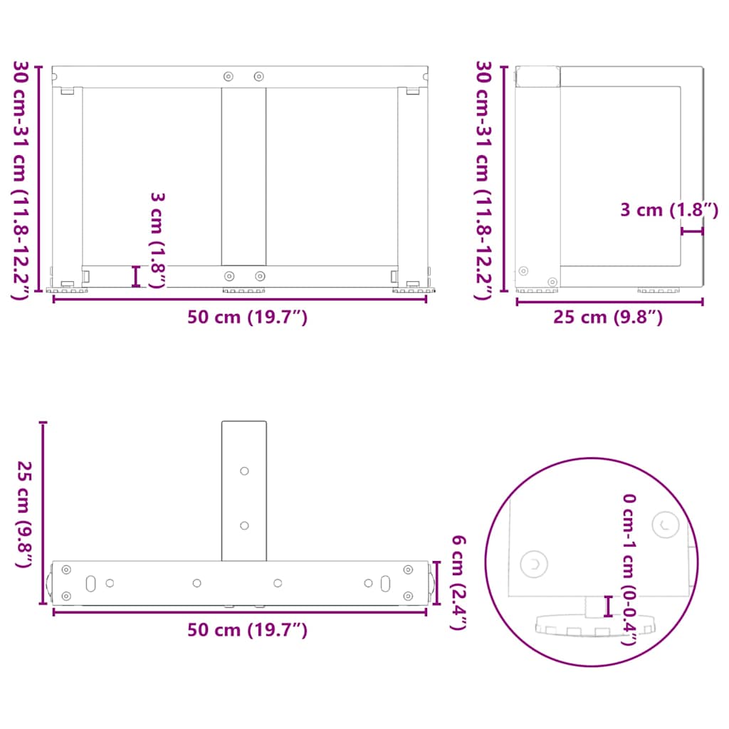 vidaXL Couchtischbeine T-Form 2 Stk. Weiß 50x25x(30-31) cm Stahl