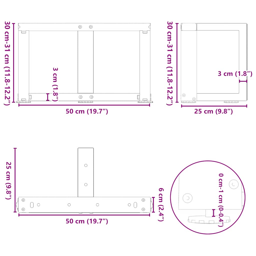 vidaXL Couchtischbeine T-Form 2 Stk. Naturstahl 50x25x(30-31) cm Stahl