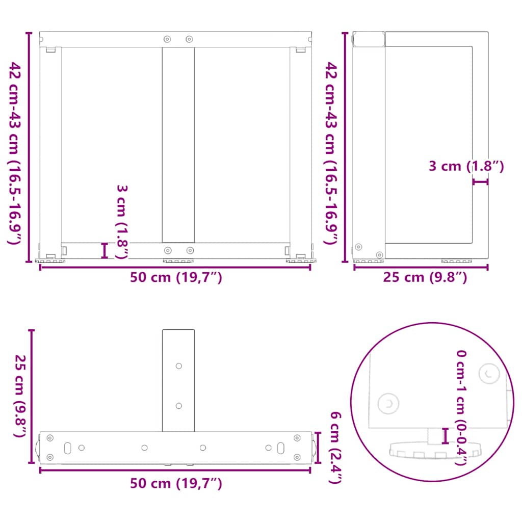 vidaXL Couchtischbeine T-Form 2 Stk. Weiß 50x25x(42-43) cm Stahl