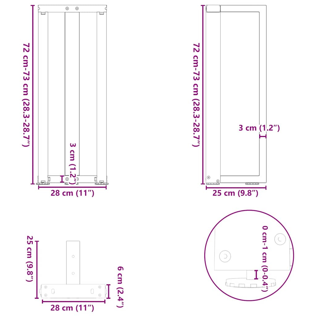 vidaXL Konsolentischbeine T-Form 2 Stk. Weiß 25x28x(72-73) cm Stahl