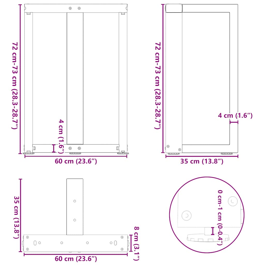vidaXL Esstischbeine T-Form 2 Stk. Naturstahl 60x35x(72-73) cm Stahl