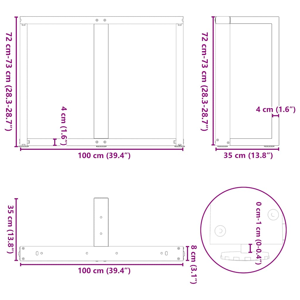 vidaXL Esstischbeine T-Form 2 Stk. Schwarz 100x35x(72-73) cm Stahl