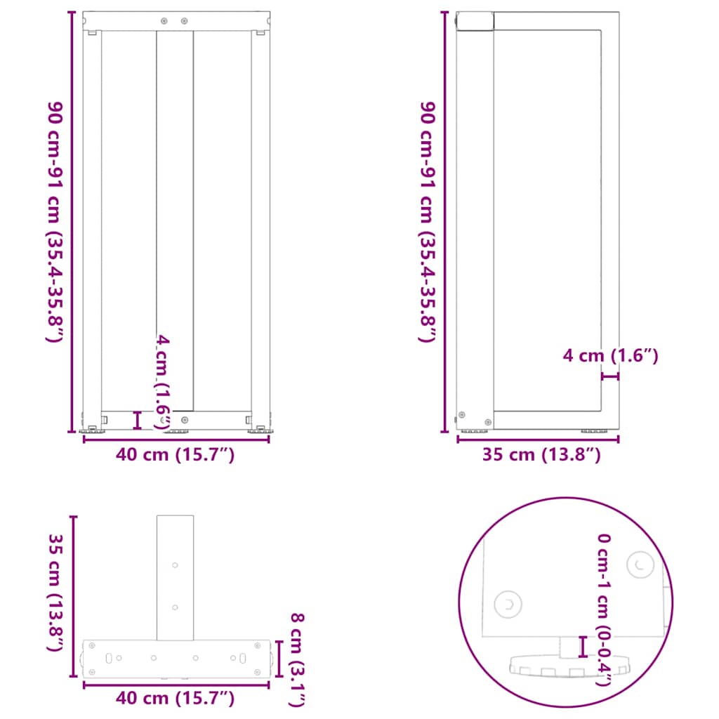 vidaXL Bartischbeine T-Form 2 Stk. Weiß 40x35x(90-91) cm Stahl