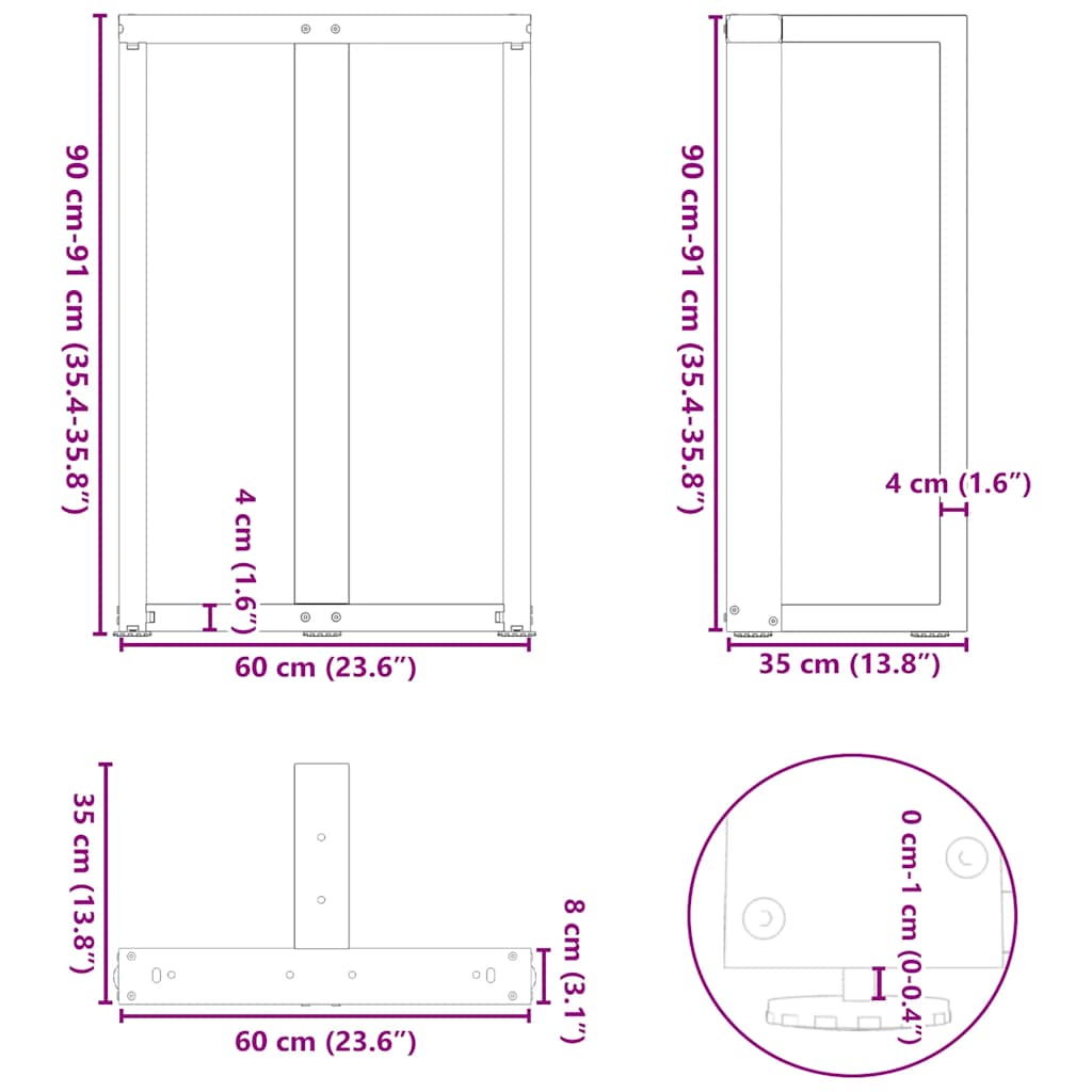 vidaXL Bartischbeine T-Form 2 Stk. Schwarz 60x35x(90-91) cm Stahl