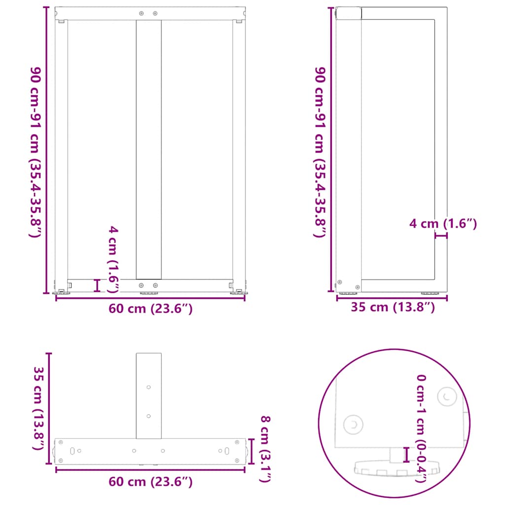 vidaXL Bartischbeine T-Form 2 Stk. Naturstahl 60x35x(90-91) cm Stahl