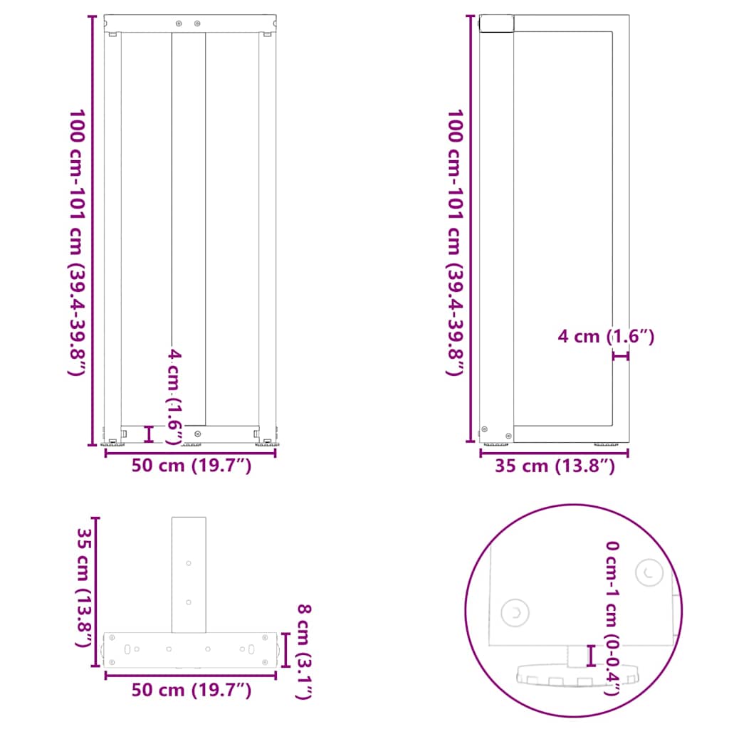 vidaXL Bartischbeine T-Form 2 Stk. Naturstahl 50x35x(100-101) cm Stahl