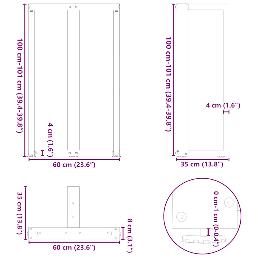 vidaXL Bartischbeine T-Form 2 Stk. Naturstahl 60x35x(100-101) cm Stahl