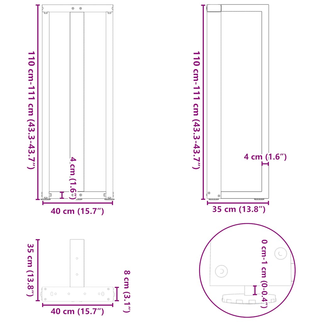 vidaXL Bartischbeine T-Form 2 Stk. Schwarz 40x35x(110-111) cm Stahl