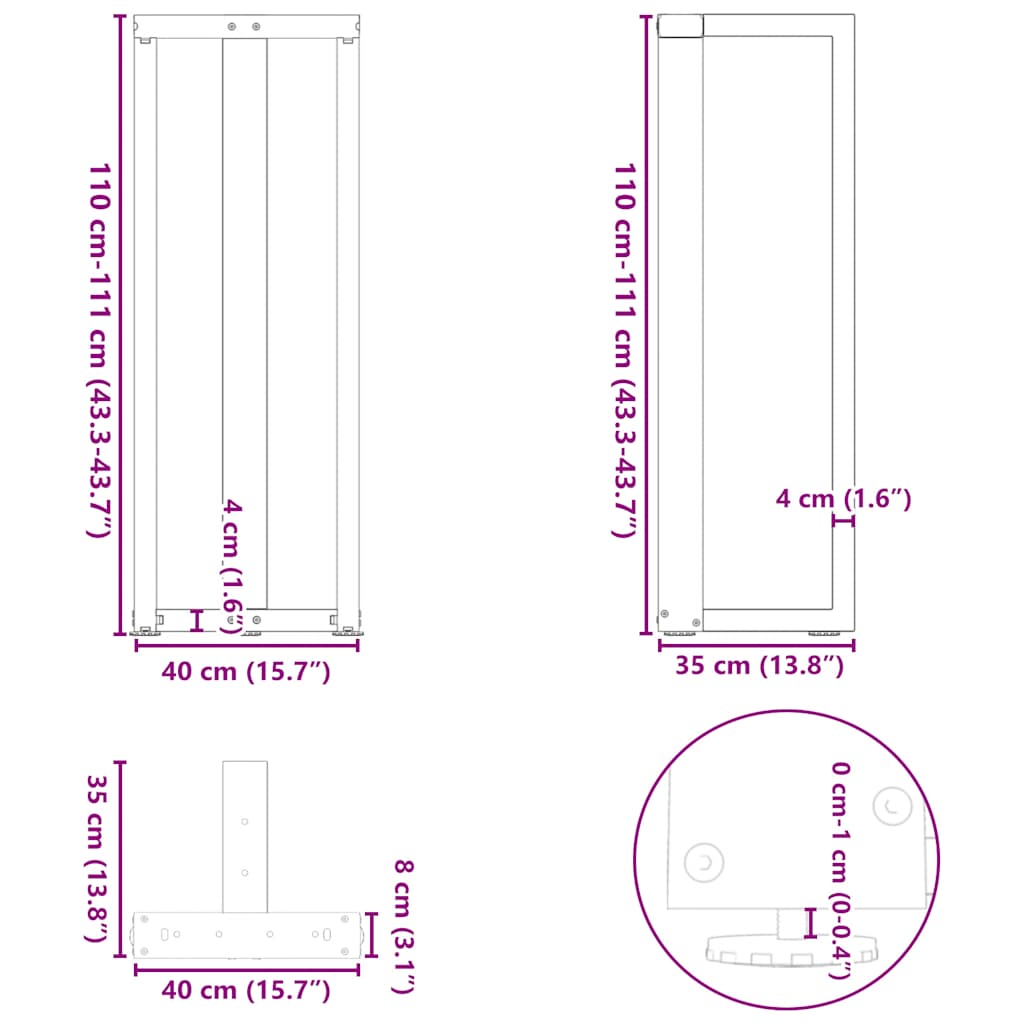 vidaXL Bartischbeine T-Form 2 Stk. Weiß 40x35x(110-111) cm Stahl