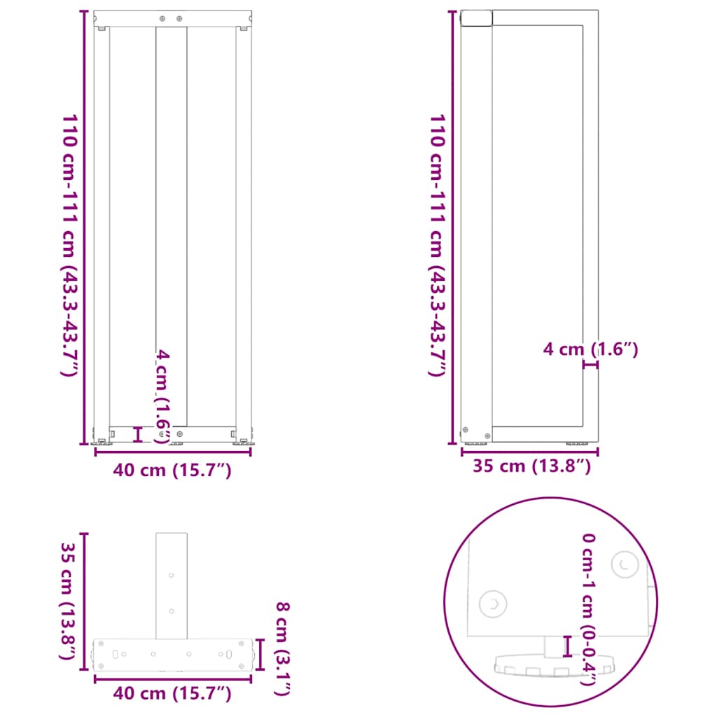 vidaXL Bartischbeine T-Form 2 Stk. Naturstahl 40x35x(110-111) cm Stahl