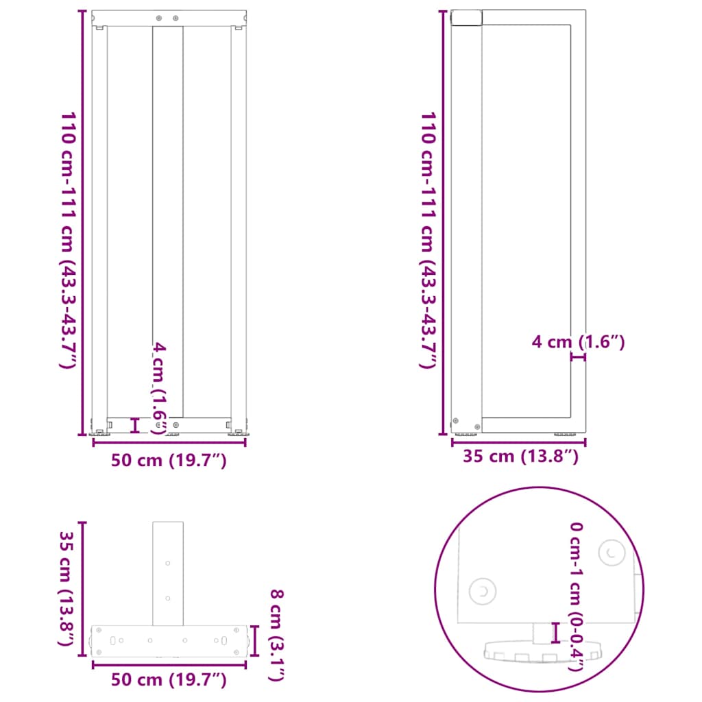 vidaXL Bartischbeine T-Form 2 Stk. Weiß 50x35x(110-111) cm Stahl