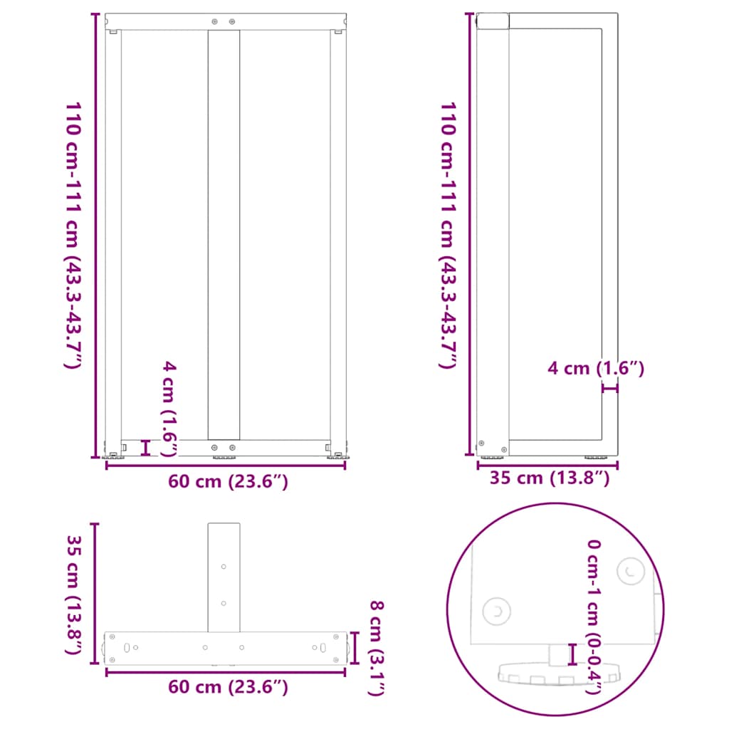 vidaXL Bartischbeine T-Form 2 Stk. Weiß 60x35x(110-111) cm Stahl