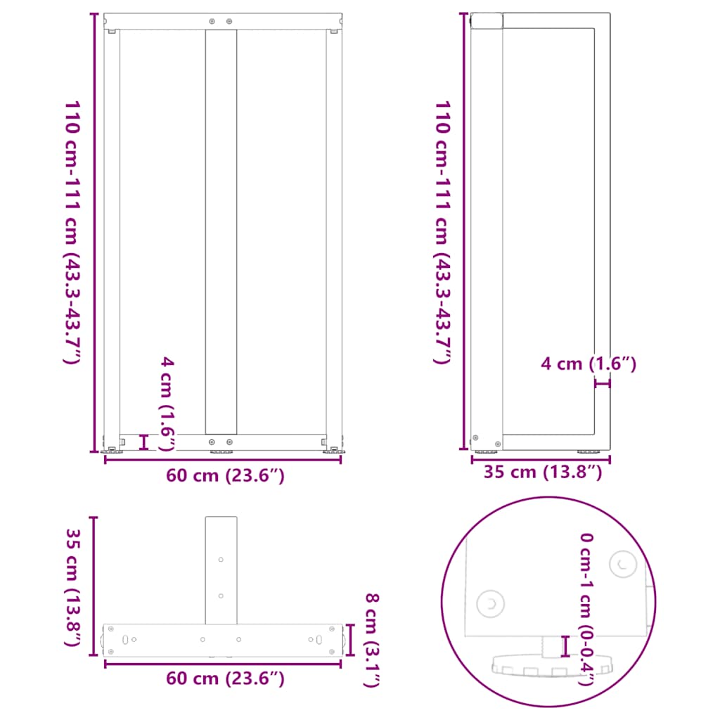 vidaXL Bartischbeine T-Form 2 Stk. Naturstahl 60x35x(110-111) cm Stahl