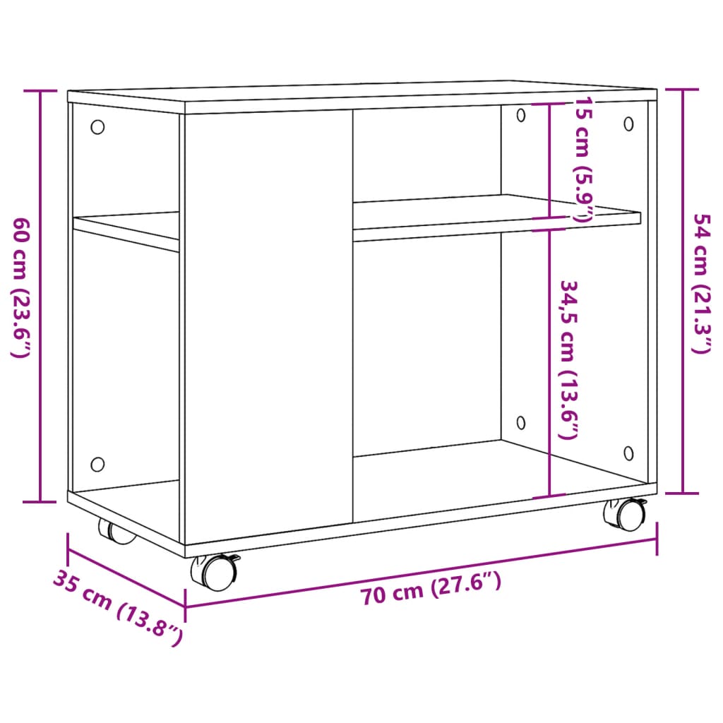 vidaXL Beistelltisch mit Rollen Braun Eiche 70x35x60 cm Holzwerkstoff