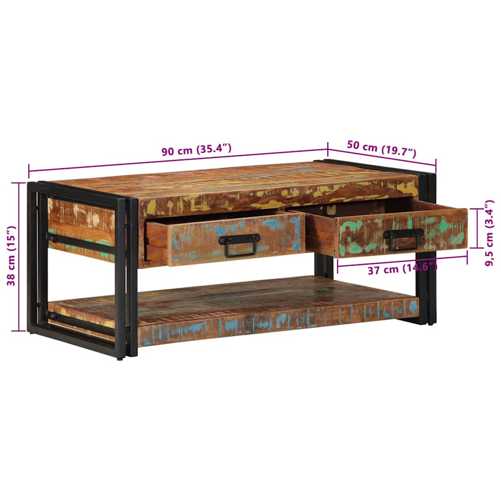 vidaXL Couchtisch Mehrfarbig 90x50x38 cm Altholz Massiv