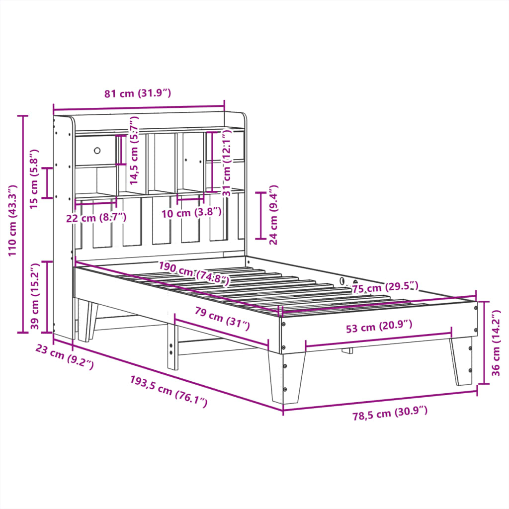 vidaXL Massivholzbett ohne Matratze 75x190 cm Kiefernholz