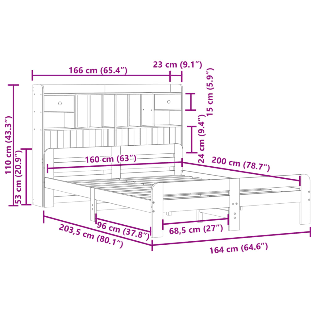 vidaXL Massivholzbett mit Regal ohne Matratze Weiß 160x200 cm Kiefer