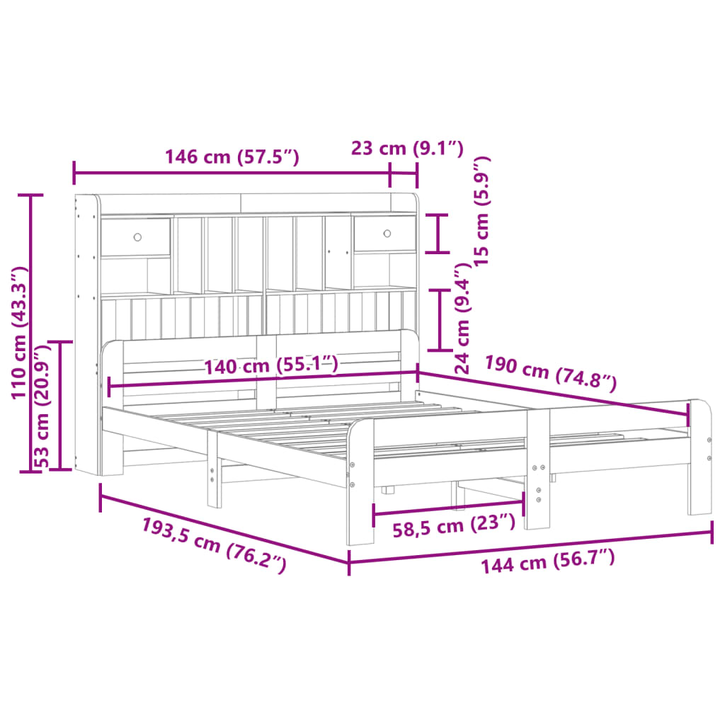 vidaXL Massivholzbett mit Regal ohne Matratze Wachsbraun 140x190 cm