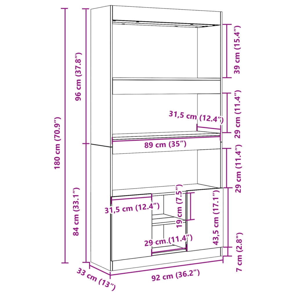 vidaXL Highboard Grau Sonoma 92x33x180 cm Holzwerkstoff