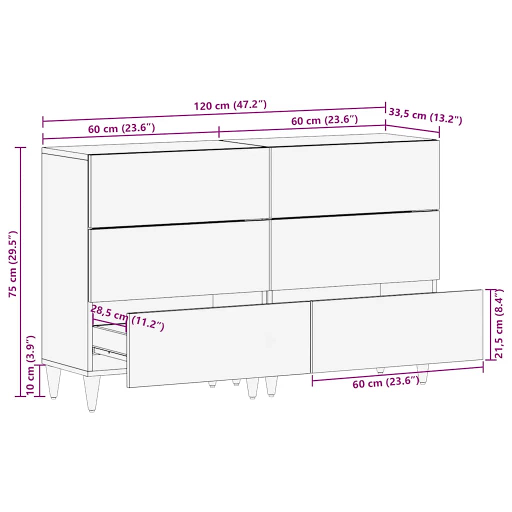 vidaXL Sideboards 2 Stk. Hellgrau 60x33,5x75 cm Massivholz Mango