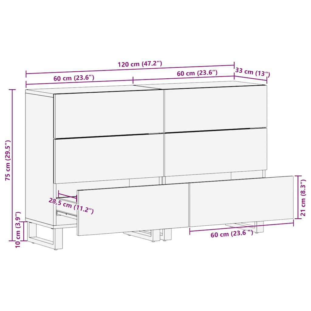 vidaXL Ensemble de 2 buffets bois de manguier massif naturel 60x33,5x75 cm