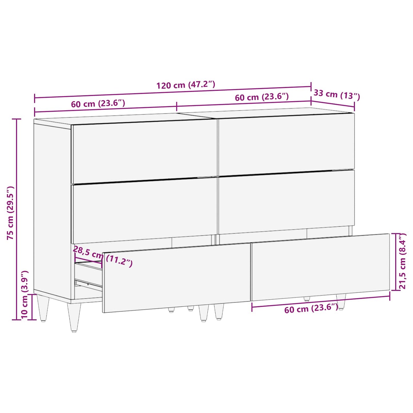 vidaXL Sideboard 2 pcs Walnuss 60 x 33 x 75 cm Massivholz Mango