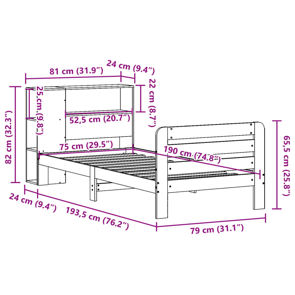 vidaXL Massivholzbett ohne Matratze Wachsbraun 75x190 cm Kiefernholz