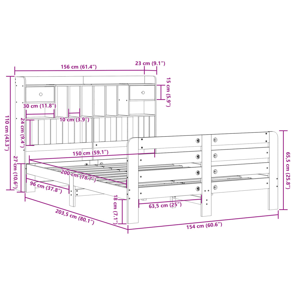 vidaXL Massivholzbett mit Regal ohne Matratze Wachsbraun 150x200 cm