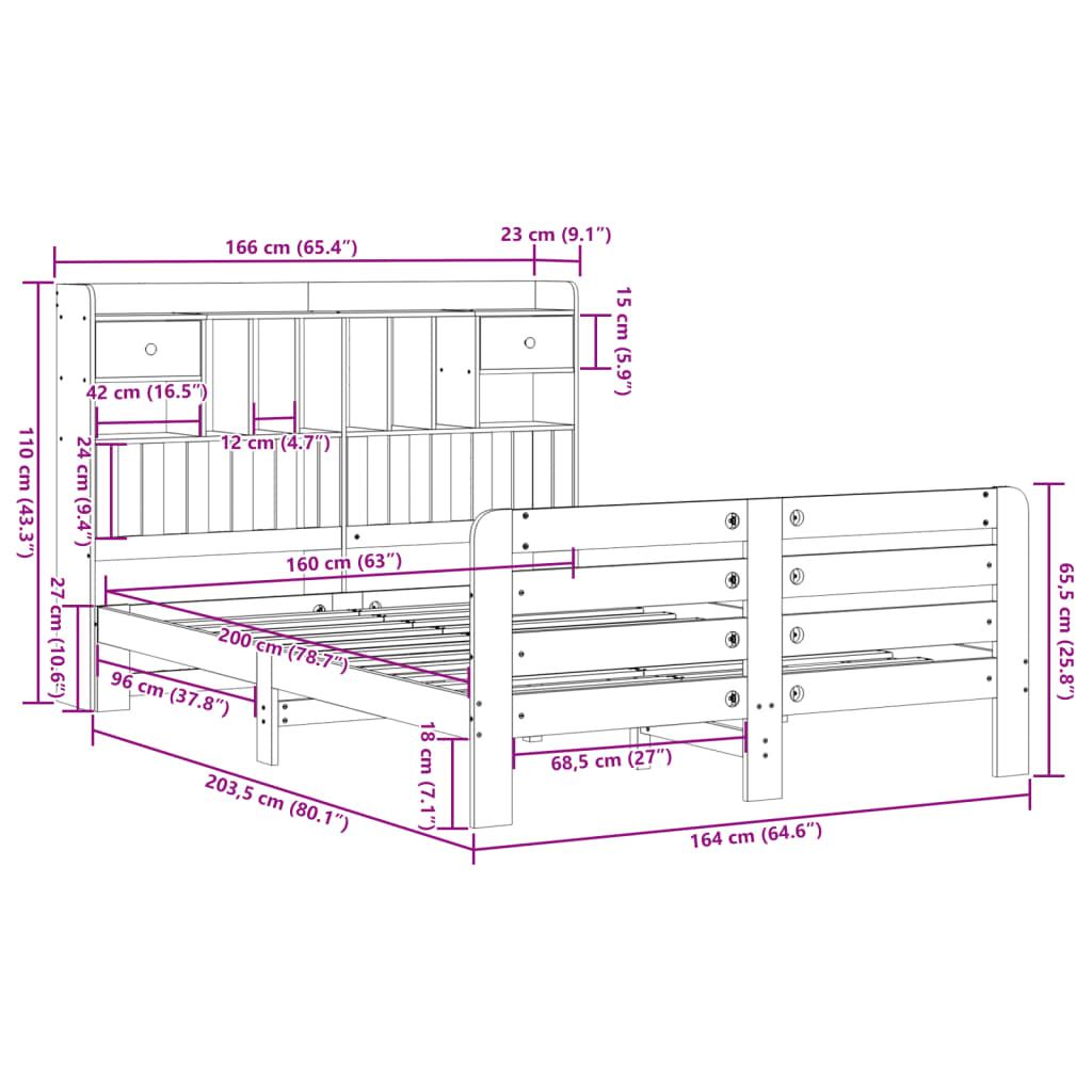 vidaXL Massivholzbett mit Regal ohne Matratze Wachsbraun 160x200 cm