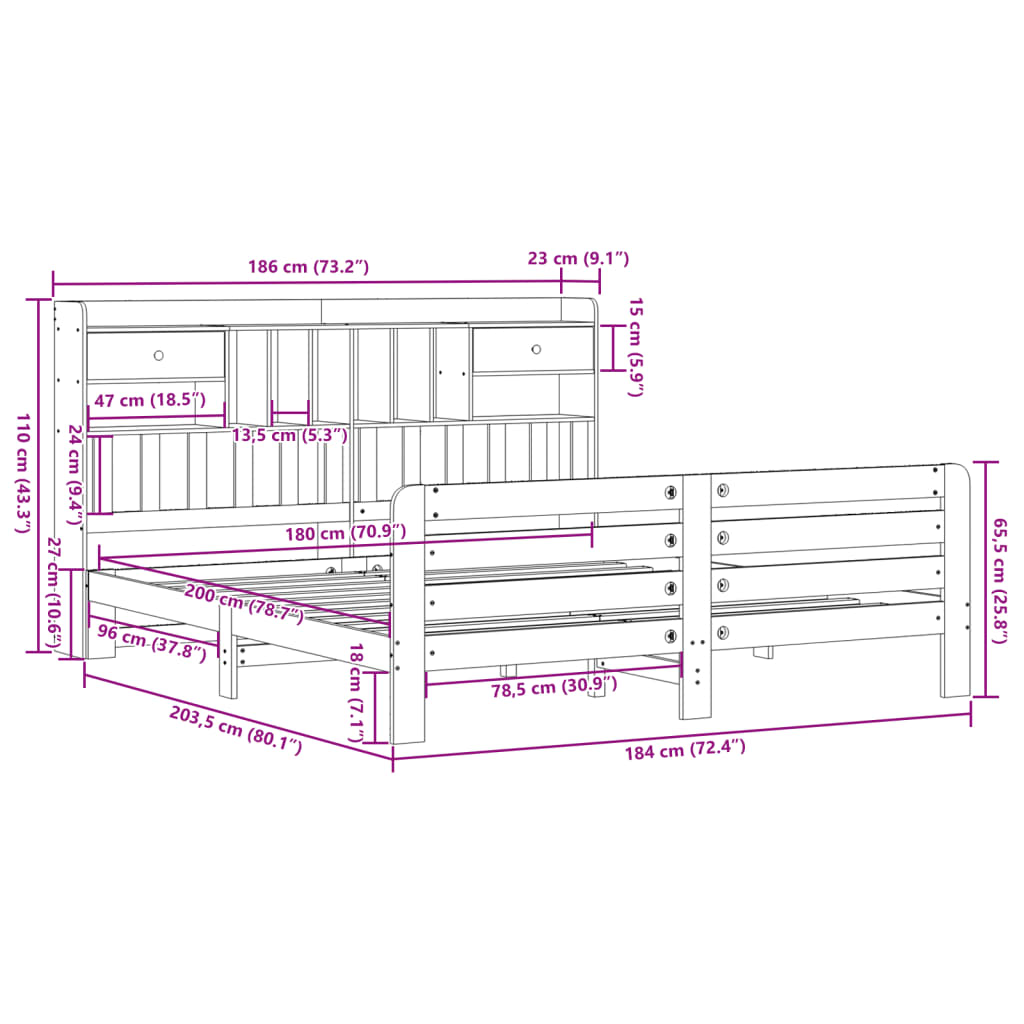 vidaXL Lit en bois massif avec étagère sans matelas 180x200 cm Bois de pin