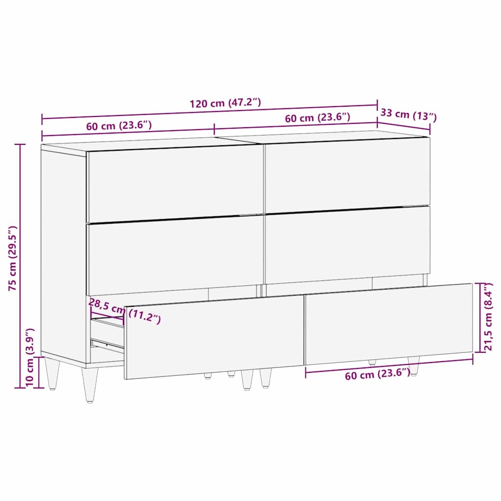 vidaXL Sideboard 2 pcs Schwarz 60 x 33 x 75 cm Massivholz Mango
