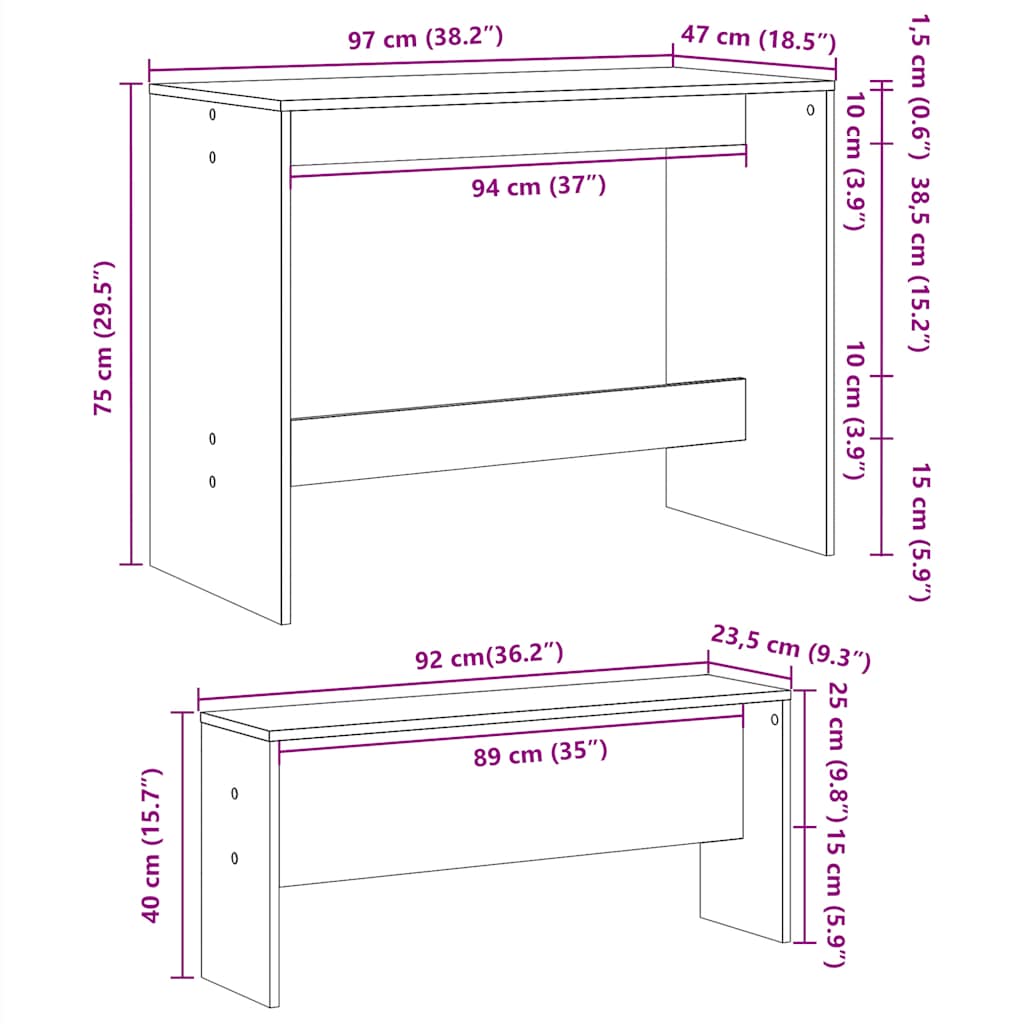 vidaXL 3-tlg. Esstisch und Bank Set Weiß Holzwerkstoff