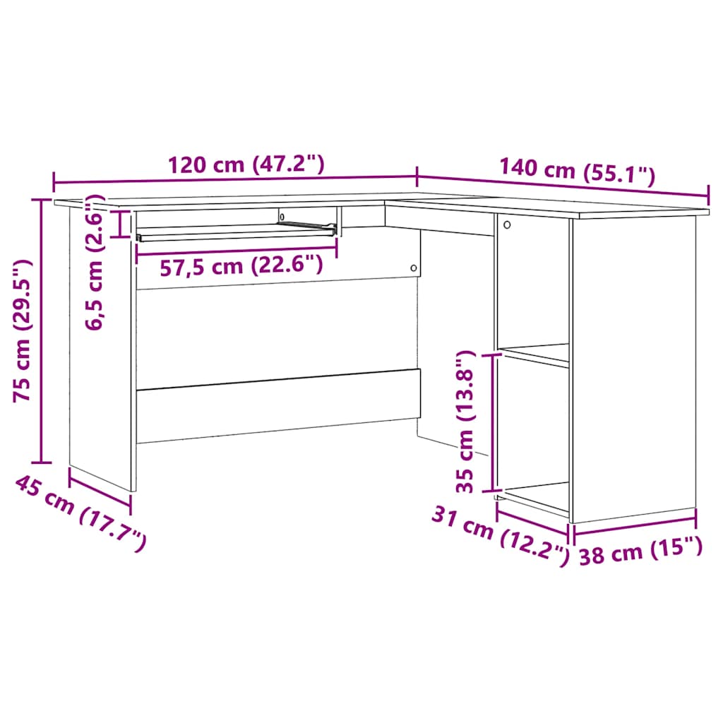 vidaXL Eckschreibtisch Artisan-Eiche 120x140x75 cm Holzwerkstoff