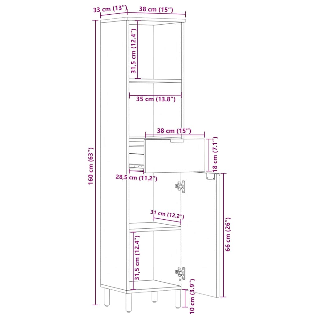 vidaXL Badschrank Schwarz 38x33x160 cm Massivholz Mango