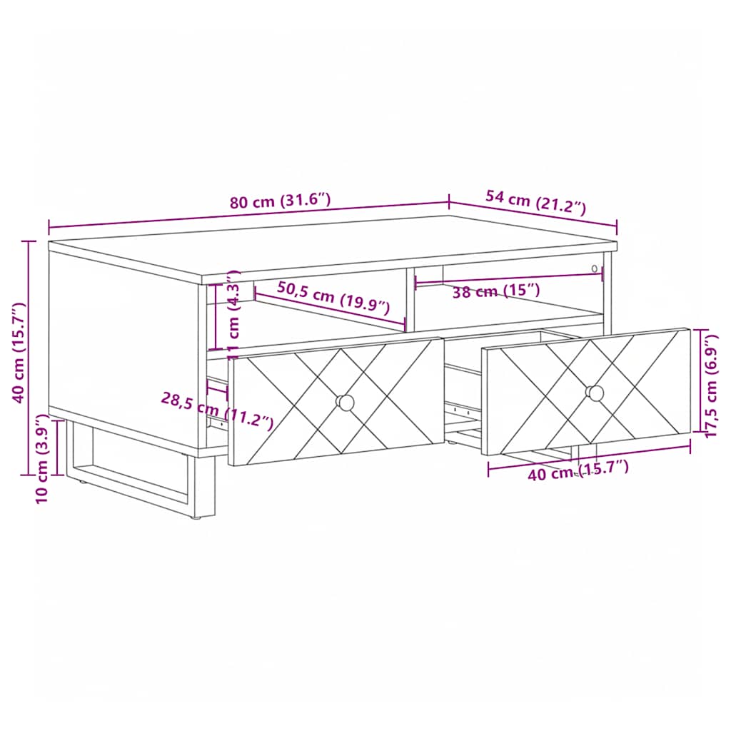 vidaXL Couchtisch Schwarz 80x54x40 cm Massivholz Mango