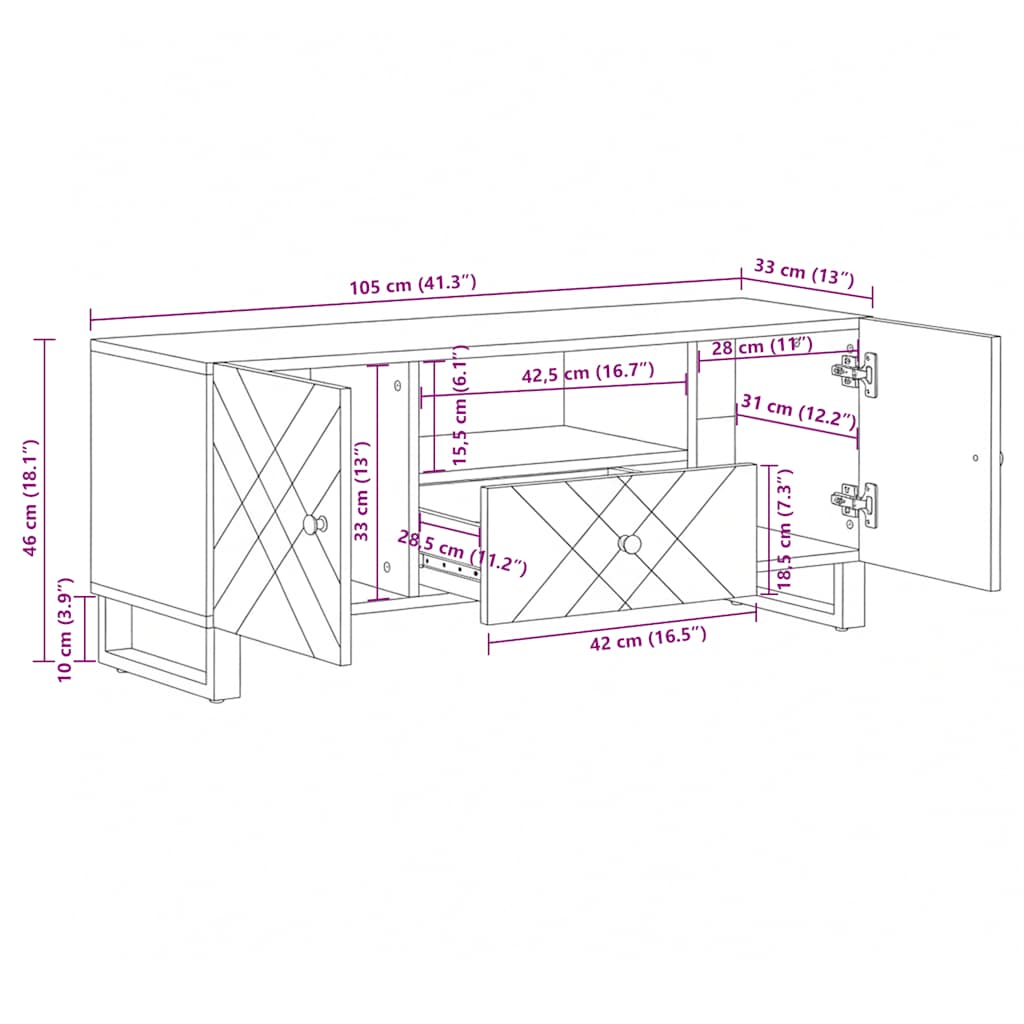 vidaXL TV-Schrank Schwarz 105x33x46 cm Massivholz Mango