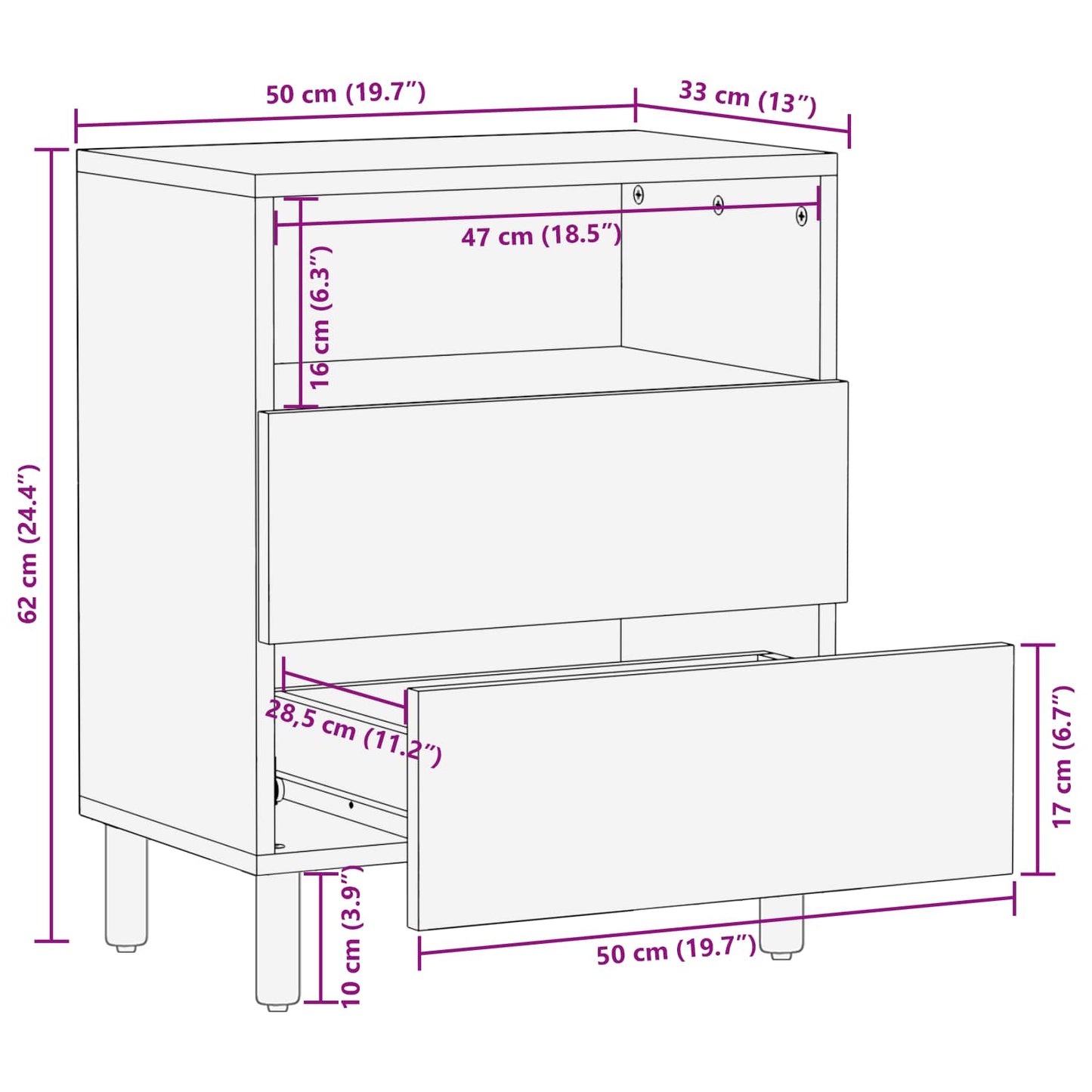 vidaXL Nachttisch mit Schubladen Weiß 50 x 33 x 60 cm Massivholz Mango