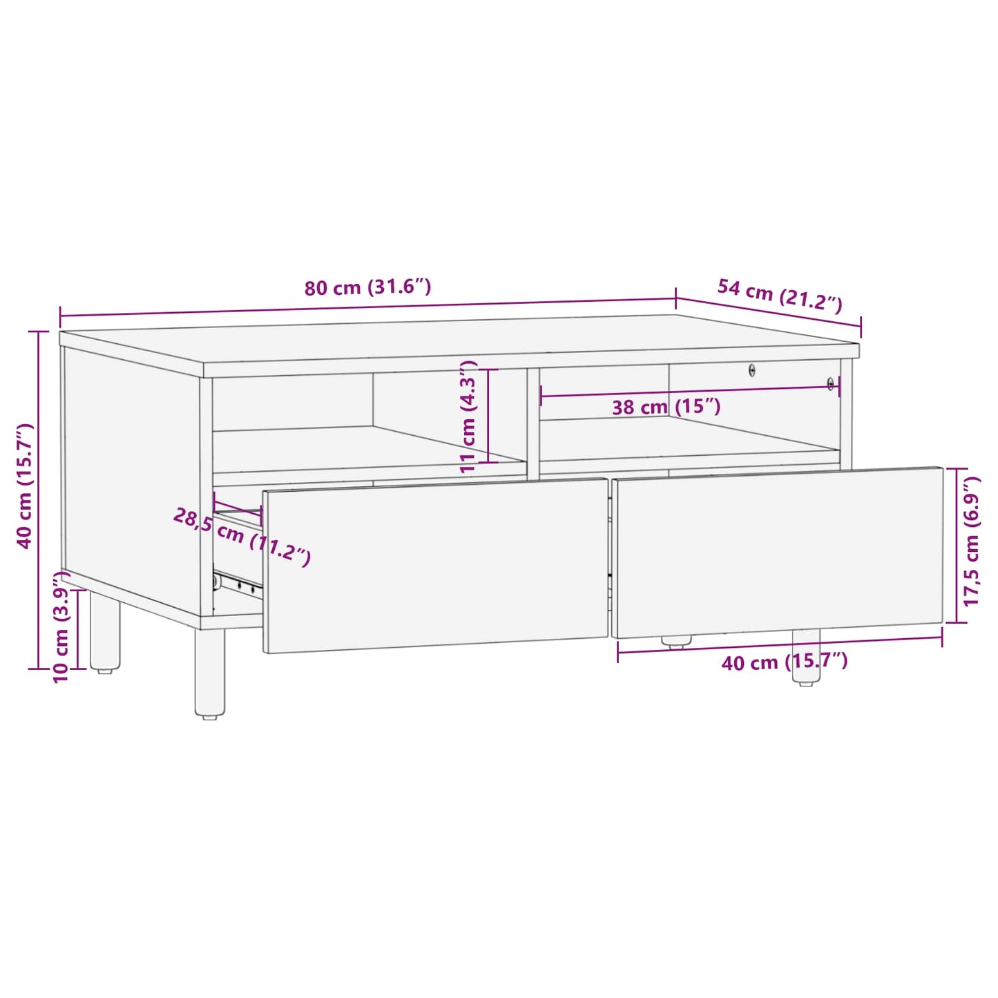 vidaXL Couchtisch mit Schubladen Weiß 80 x 54 x 40 cm Massivholz Mango