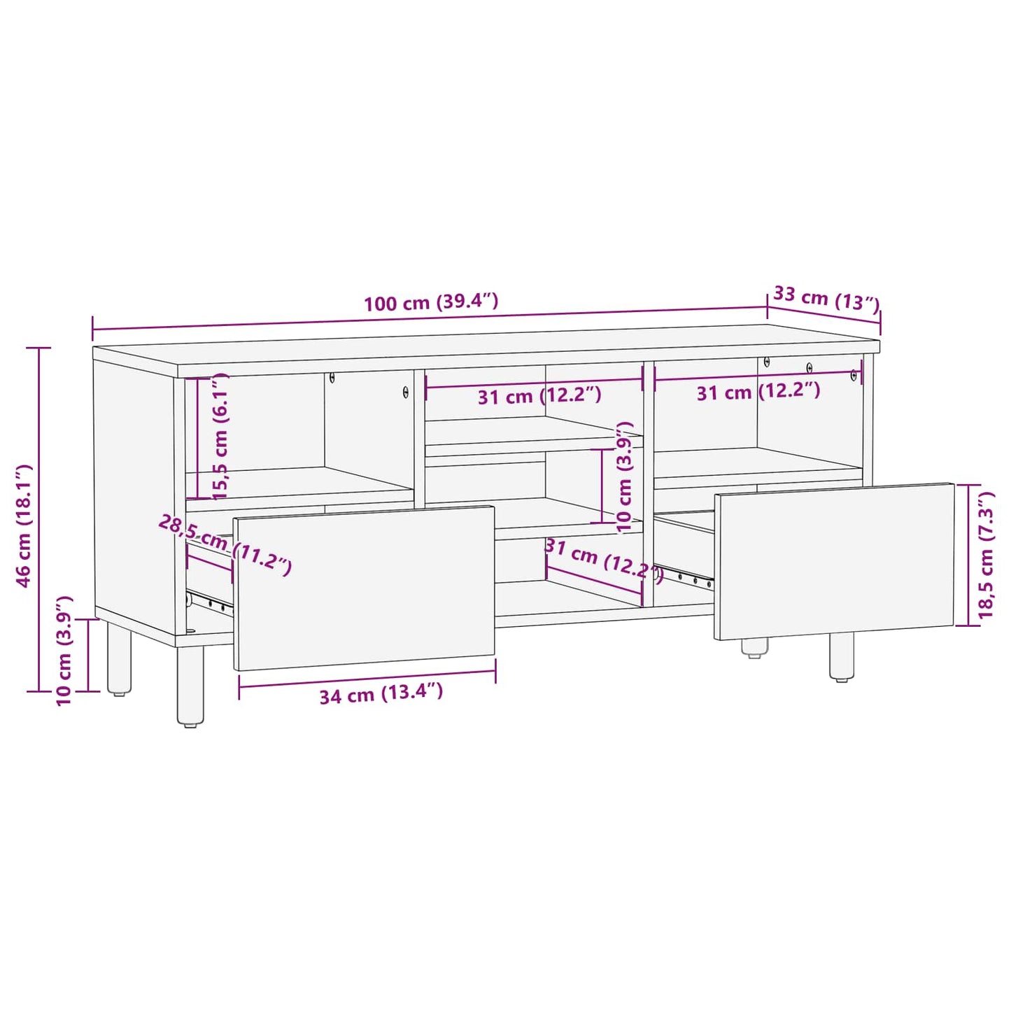 vidaXL TV-Schränk mit Regal Akazienbraune Oberfläche 100 x 33 x 46 cm