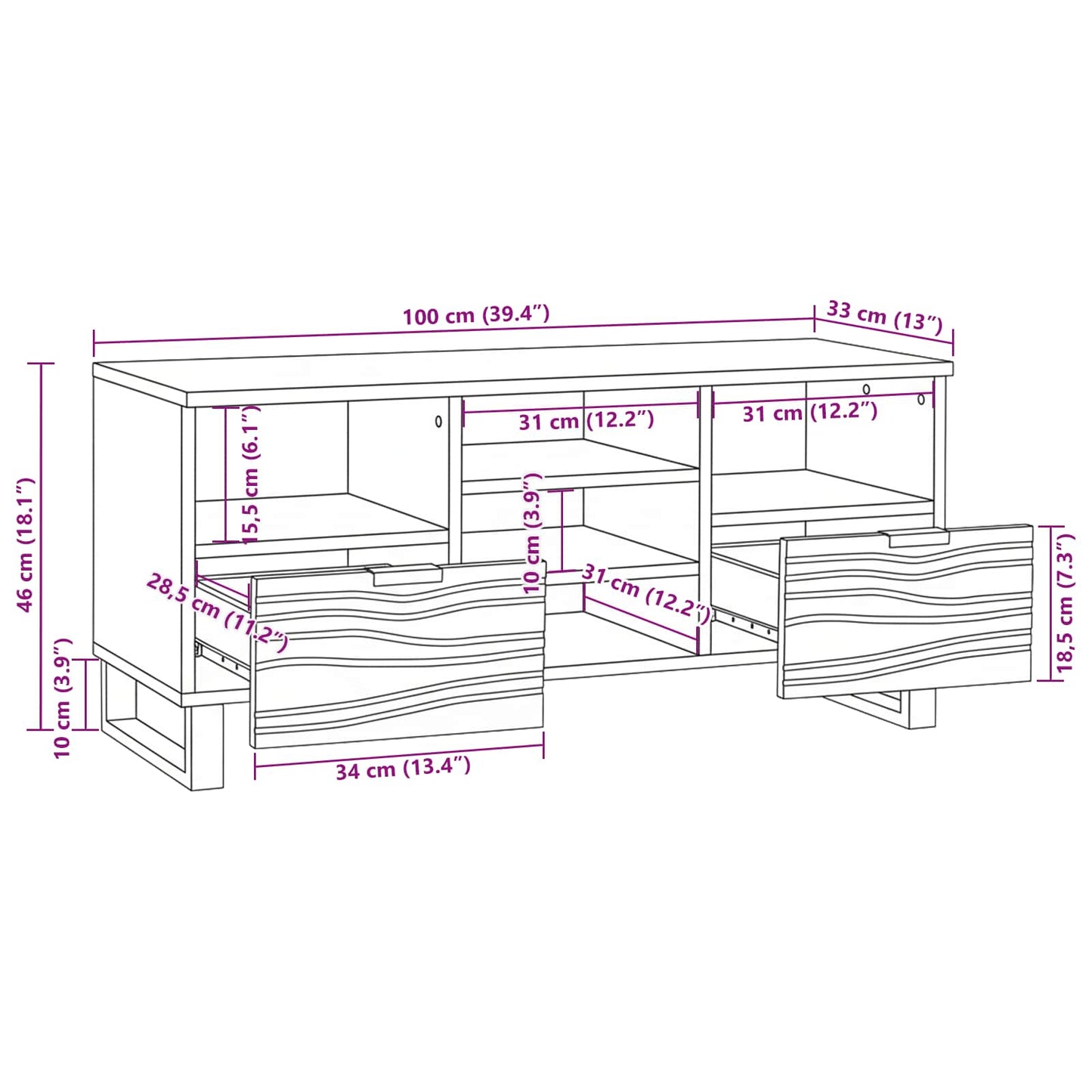 vidaXL TV-Einheiten mit Schubladen Weiß 100 x 33 x 46 cm Holzwerkstoff