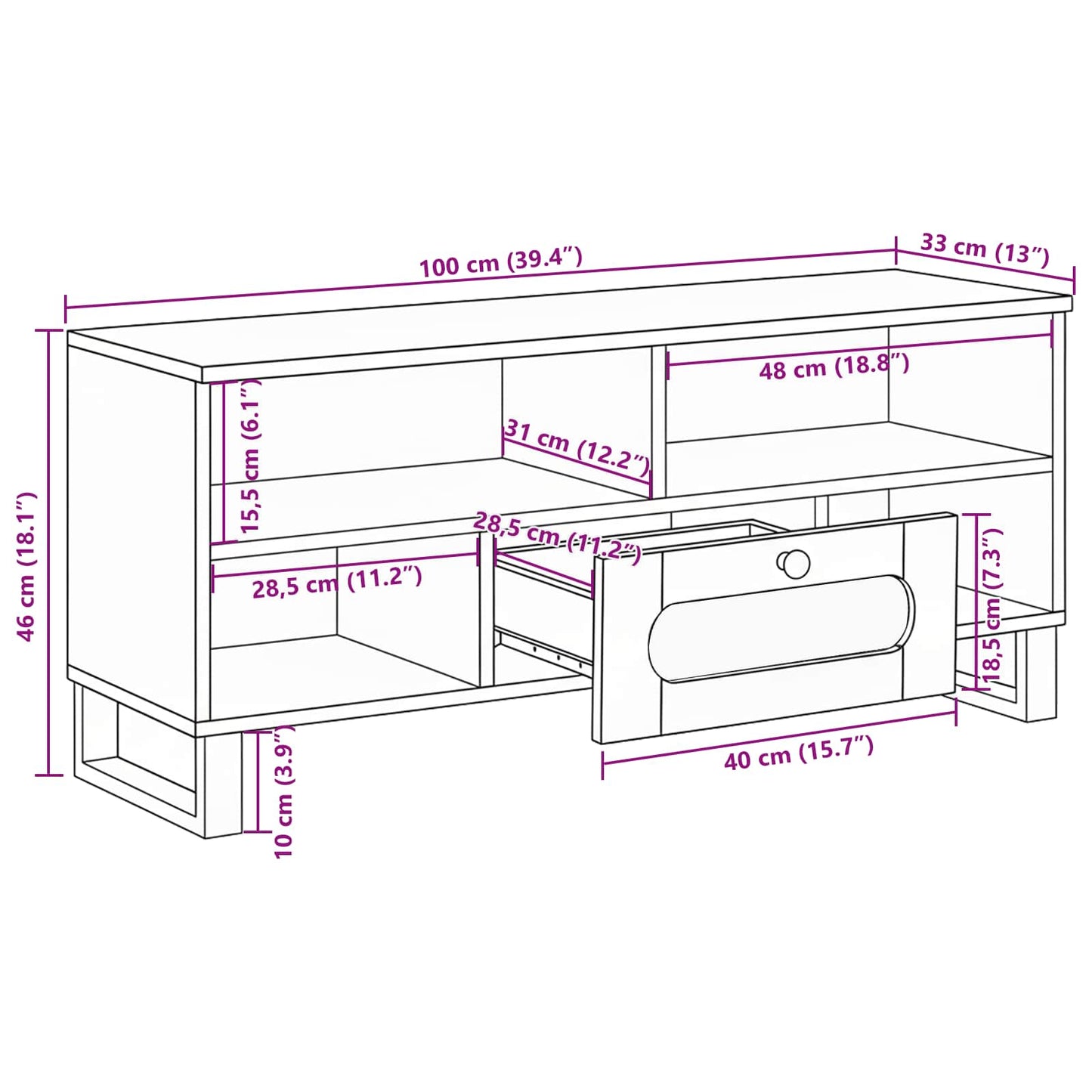 vidaXL TV-Schränk mit Regal Braun 100 x 33 x 46 cm Massivholz Mango