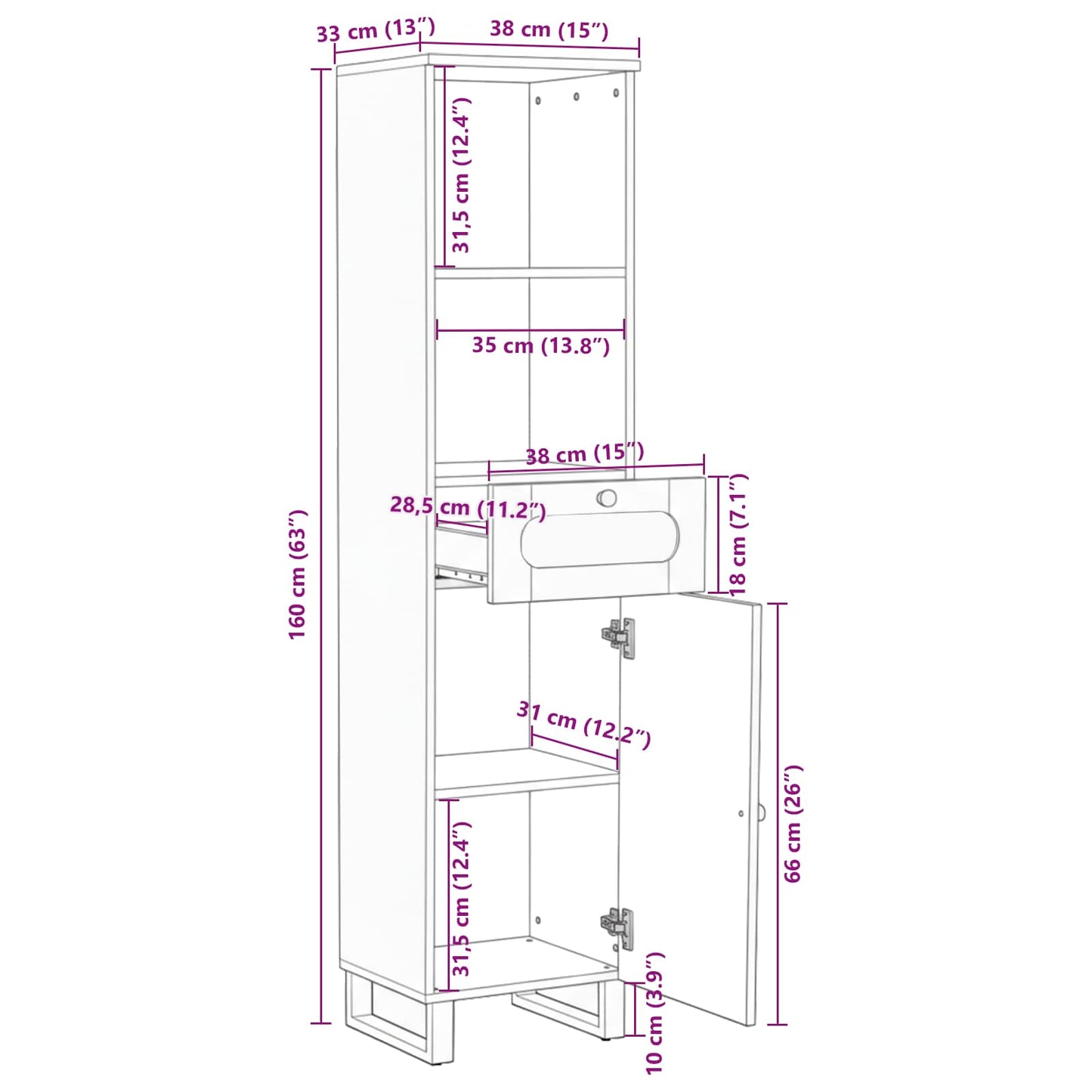 vidaXL Badezimmerschrank Braun 38 x 33 x 160 cm Massivholz Mango