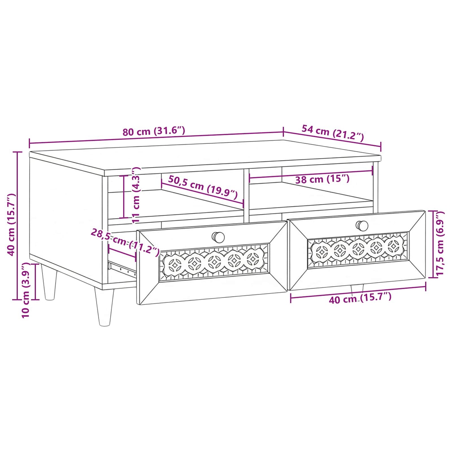 vidaXL Couchtisch mit Regal Weiß 80 x 54 x 40 cm Massivholz Akazie