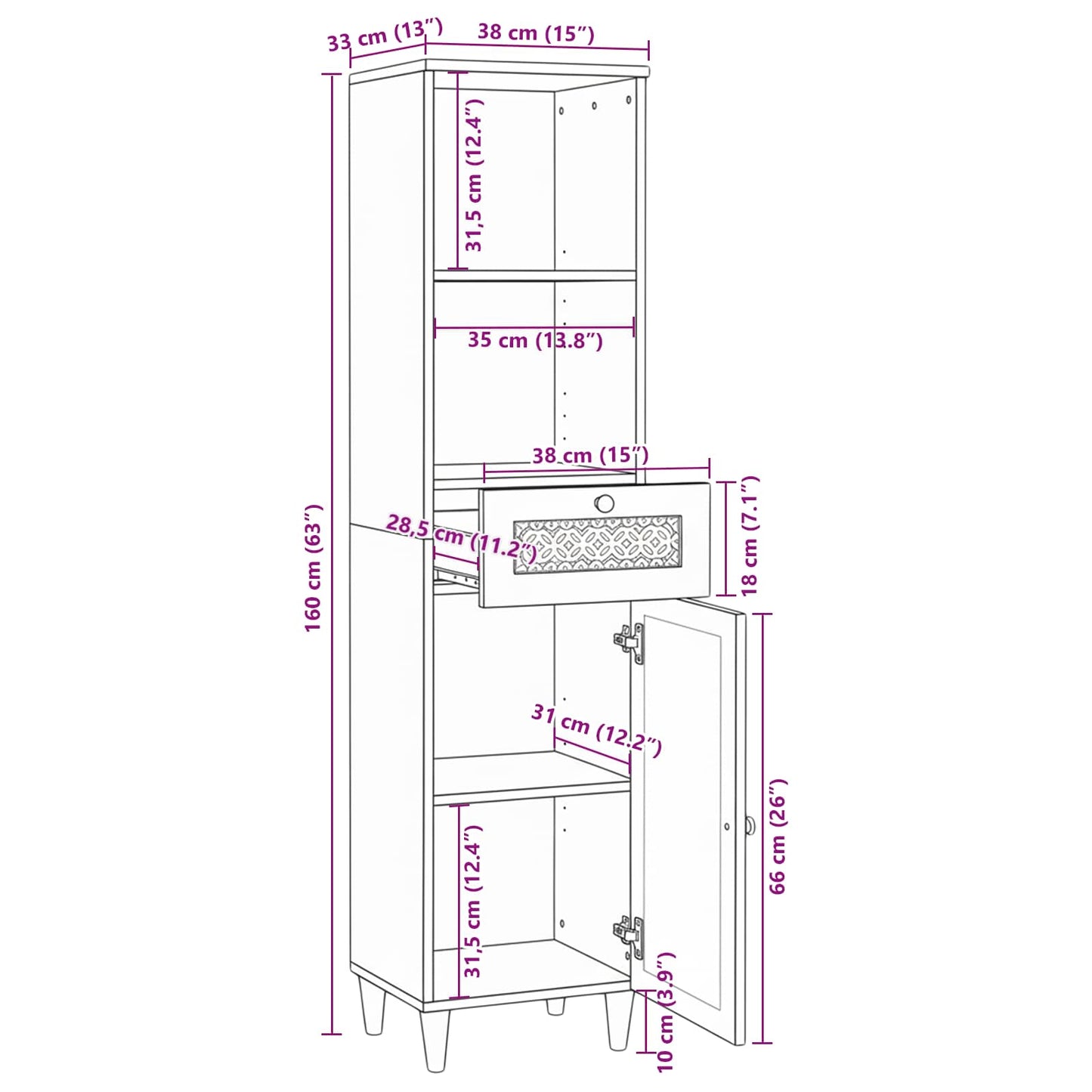 vidaXL Badezimmerschrank mit Regal Weiß 38 x 33 x 160 cm Holzwerkstoff