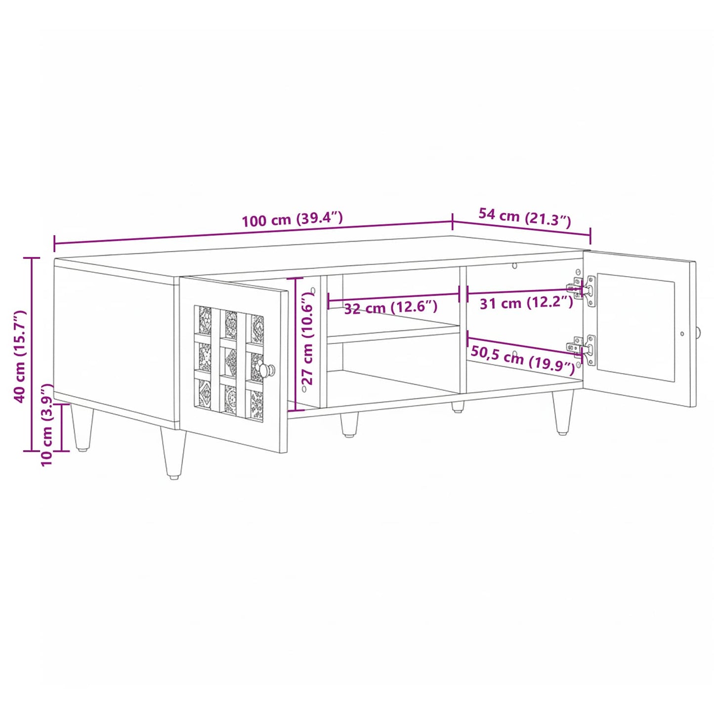vidaXL Couchtisch Braun 100 x 54 x 40 cm Massivholz Mango