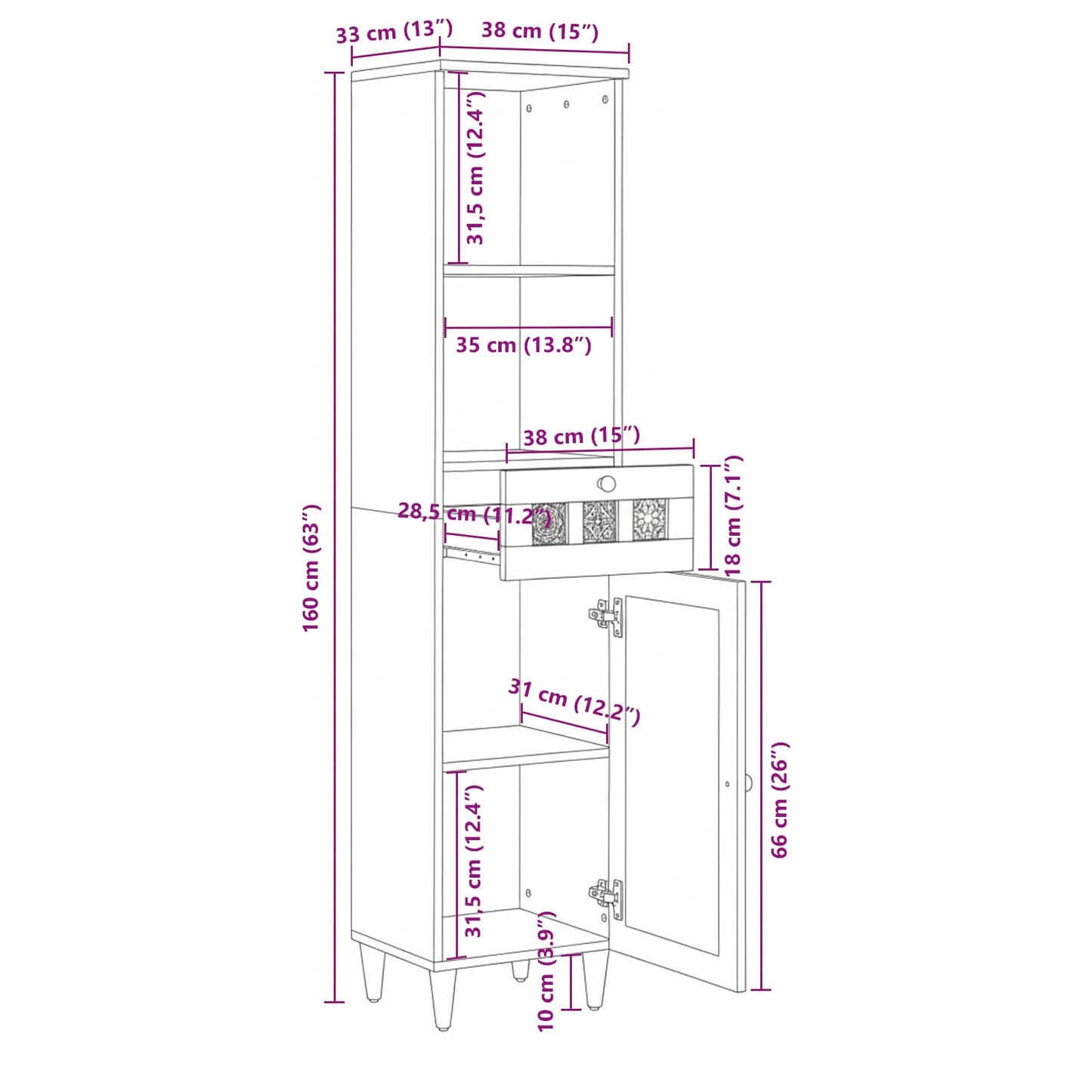 vidaXL Badezimmerschrank mit Schubladen Walnuss 38 x 33 x 160 cm