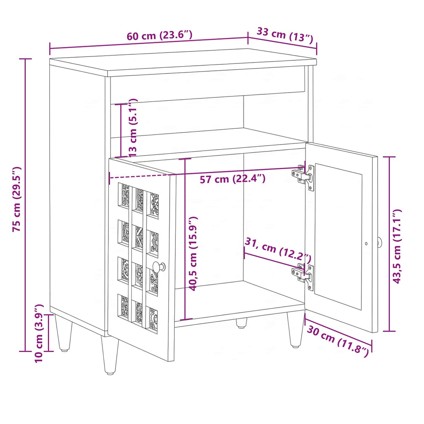 Sideboard mit Speicher Walnuss 60 x 33 x 75 cm Massivholz Mango